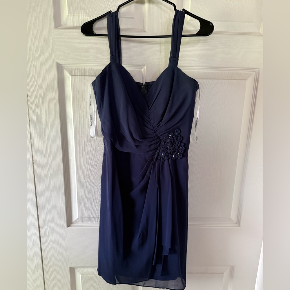 David's Bridal Navy Midi Dress with Floral Waist Detail